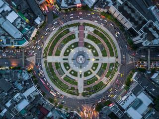 Aerial top view road roundabout with car lots in city, Circle road traffic transport junction traffic road with vehicle movement.