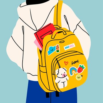 Person wearing oversized clothing standing with yellow backpack. Rear View. Backpack with books, toy and patches. Back to school, college, education, study concept. Hand drawn Vector illustration