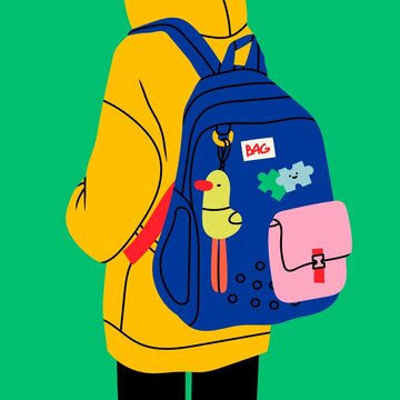 Person wearing oversized clothing standing with blue backpack. Rear View. Backpack with toy, patch, tag. Back to school, college, education, study concept. Hand drawn Vector illustration