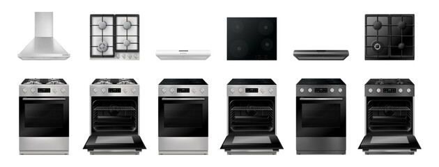 Set of gas and electric stoves, hoods and kitchen gas and electric surfaces. Realistic 3d hobs, Cooktop isolated vector illustration on white background