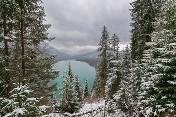 View of the Sylvenstein storage lake during winter (Bavaria, Austria)