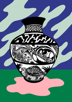 Black and withe Vase with Animal pattern behind a colorful background