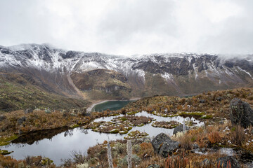 Moors, mountains, snow and lakes in the Los Nevados National Natural Park, in Manizales Caldas Colombia.