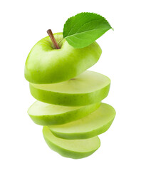 Apple isolated. Flying sliced ripe fresh green apple isolated on white background.