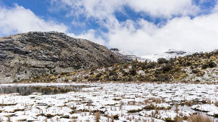 Moors, mountains, snow and lakes in the Los Nevados National Natural Park, in Manizales Caldas Colombia.