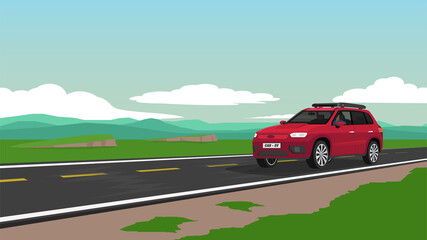 Fototapeta premium Red electric car for the family travel trip to nature. Driver came alone on the asphalt road. Road cuts across the vast plains with a complex mountainous background. Under blue sky and white clouds.