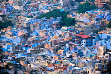 Fototapeta premium Aerial view of Jodhpur, also known as Blue City due to the vivid blue-painted Brahmin houses around Mehrangarh Fort. Jodphur, Rajasthan, India