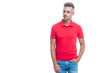 Fototapeta premium handsome man with grizzled hair in red shirt isolated on white background. casual