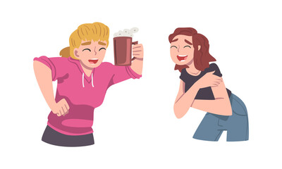 Obraz premium Cheerful Woman in Hoody with Mug and Burst Out Laughing Vector Set