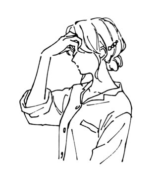 recommend clip art: 前髪をいじる若い女性のイラスト　お洒落な人物の線画イラスト　横顔
