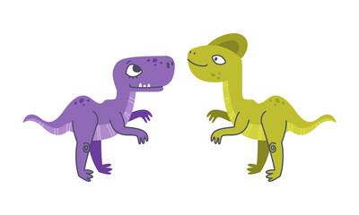 Funny Dinosaur as Cute Prehistoric Creature and Comic Jurassic Predator Vector Set