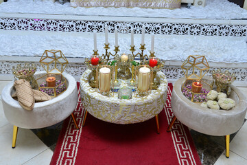 Moroccan Tyafer, traditional gift containers for the wedding ceremony, decorated with ornate golden embroidery.Moroccan henna .wedding gifts for the bride.