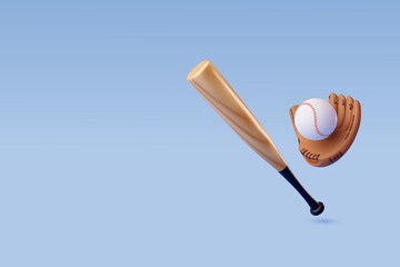 3d Vector Baseball Bat, Ball and Leather Glove, Sport and Game competition concept.