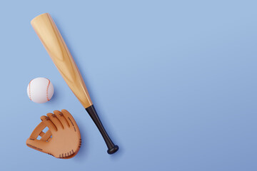 3d Vector Baseball Bat, Ball and Leather Glove, Sport and Game competition concept.
