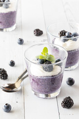 Blueberry chia pudding parfaits topped with vanilla yogurt and berries.