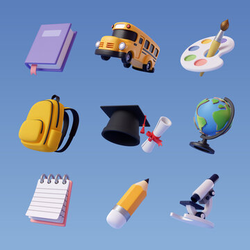 Collection of 3d back to school icon isolated on blue, Education and online class concept