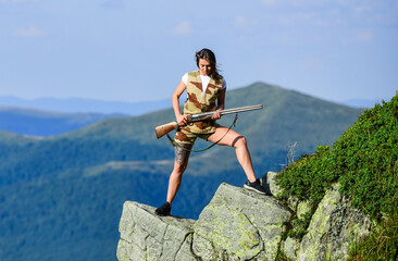 Boot camp. gender equality. army sniper. weapon shop concept. fight for justice. military fashion. head hunter camouflage. Weapon permit. sexy woman assassin with gun. war time. female soldier