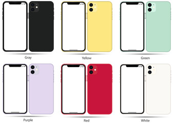 Smartphone Mockup. Color: Gray, Yellow, Green, Purple, Red, White. Stock Vector