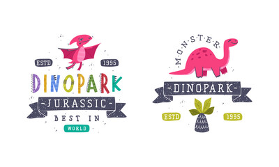 Dino Island and Dino Park Family Entertainment Emblem with Funny Dinosaur and Comic Jurassic Predator Vector Set