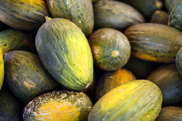 Melon background on a shelf in market. Organic eating. Farmer's food.