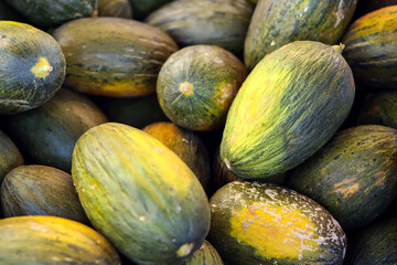Melon background on a shelf in market. Organic eating. Farmer's food.