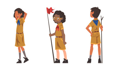 Scouting children set. Cute boy and girls in explorer outfit hiking on summer vacation cartoon vector illustration