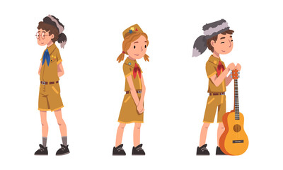 Scouting children set. Cute boy and girls in explorer outfit and coonskin cap cartoon vector illustration