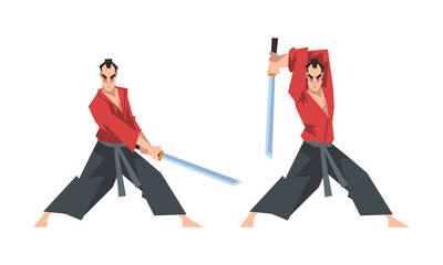 Fototapeta premium Samurai warriors fighting with katana swords cartoon vector illustration