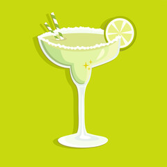 Cocktail glass for Margarita and tequila with lime slice icon flat, cartoon style.  Alcoholic cocktail. Vector illustration
