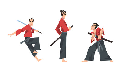 Samurai warriors fighting with katana swords. Asian martial artists, shaolin warriors cartoon vector illustration