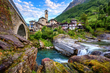 Fototapeta na wymiar Lavertezzo village in alpine Verzasca valley, Alps mountains, Switzerland