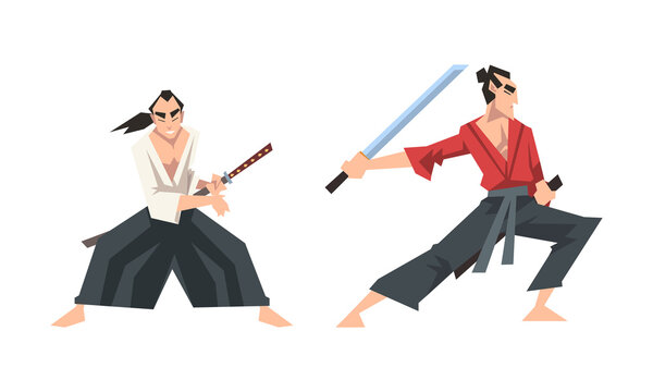 Samurai warriors in action set. Asian fighters fighting with katana sword cartoon vector illustration