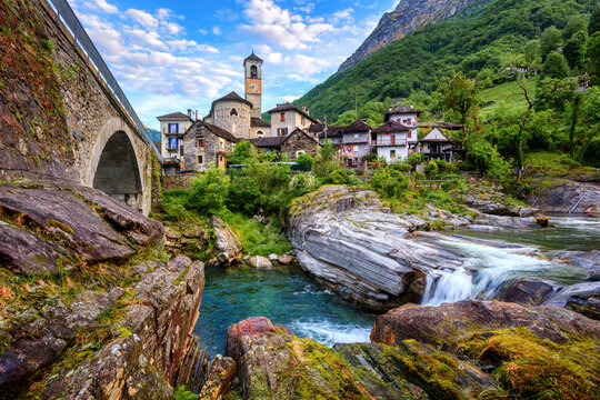 Lavertezzo village in alpine Verzasca valley, Alps mountains, Switzerland