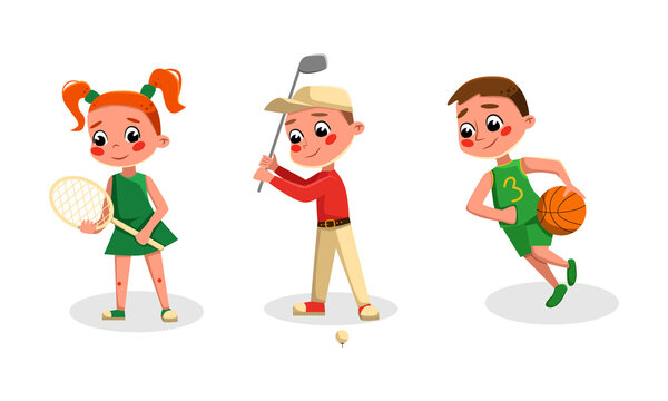 Cute kids doing sports set. Girl and boy playing tennis, golf and basketball cartoon vector illustration