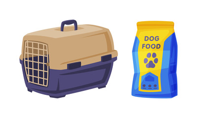 Plastic portable cage for pet animals and dog food packaging. Supplies for domestic animals set cartoon vector illustration