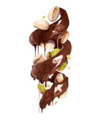 Spiral of chocolate with pistachios isolated on a white background
