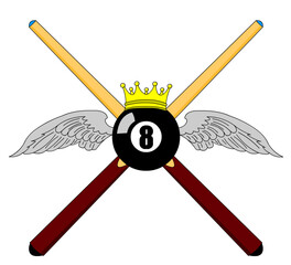 8 Ball Pool Logo with wings, cue sticks, and crown