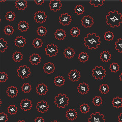Line Gear and lightning icon isolated seamless pattern on black background. Electric power. Lightning bolt sign. Vector