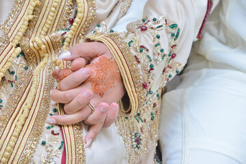 Traditional MOROCCAN Women's Hands wearing henna and rings. Hands with beautiful Henna. new...