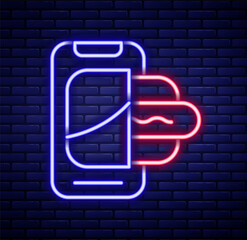 Glowing neon line Food ordering on mobile icon isolated on brick wall background. Order by mobile phone. Restaurant food delivery concept. Colorful outline concept. Vector