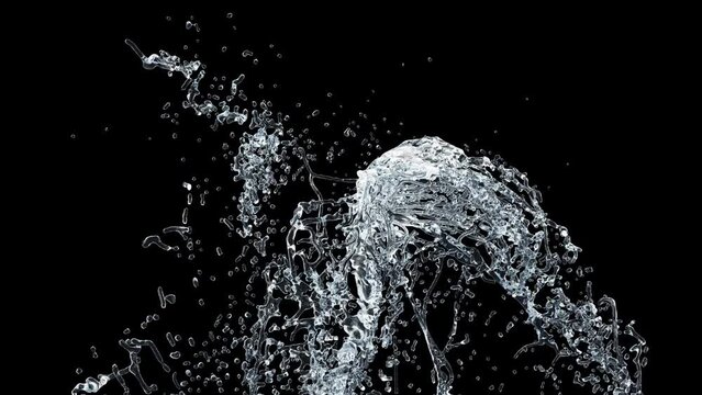Water Splash Slow-Motion on black background with alpha mask. 3d illustration.