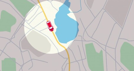 GPS tracking navigation concept. Map GPS-navigation system. Smartphone App Map. Seamless loop. 4k animation of an app screen of traveling city map background with red car moving forward