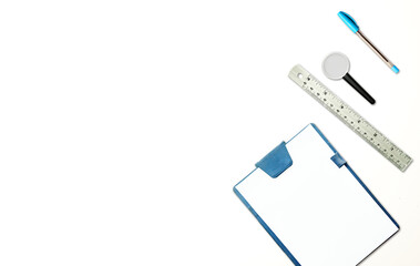 flatlay work space tble top with stationary