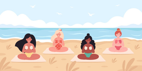 Women meditating on the beach. Hello summer, summer leisure, vacation. Healthy lifestyle, self care, yoga, meditation. Hand drawn vector illustration