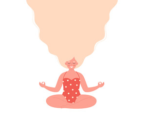Woman meditating in lotus pose on yoga mat. Healthy lifestyle, yoga, relax, breathing exercise. World yoga day. Hand drawn vector illustration
