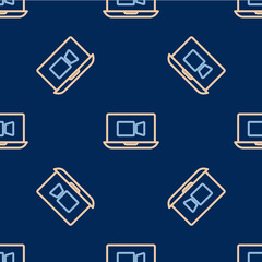Line Video chat conference icon isolated seamless pattern on blue background. Online meeting work form home. Remote project management. Vector