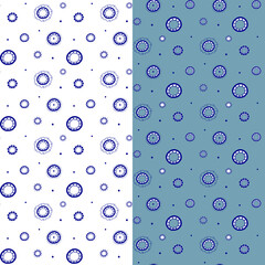 Two lacy vector blue patterns. On a transparent and gray background. Circles, petals, dots, hand-drawn. Seamless illustration.