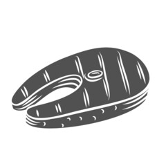 Grilled salmon steak icon. Fried fish seafood silhouette glyph icon, engraved monochrome illustration.
