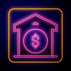 Glowing neon Warehouse price icon isolated on black background. Vector