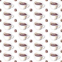 Seamless pattern with rows of coffee cups and chocolate candies painted with watercolor and isolated on white background
